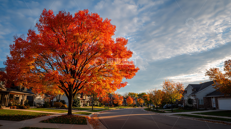 高清大图下载【趣麦麦图】秋日街道彩色枫叶