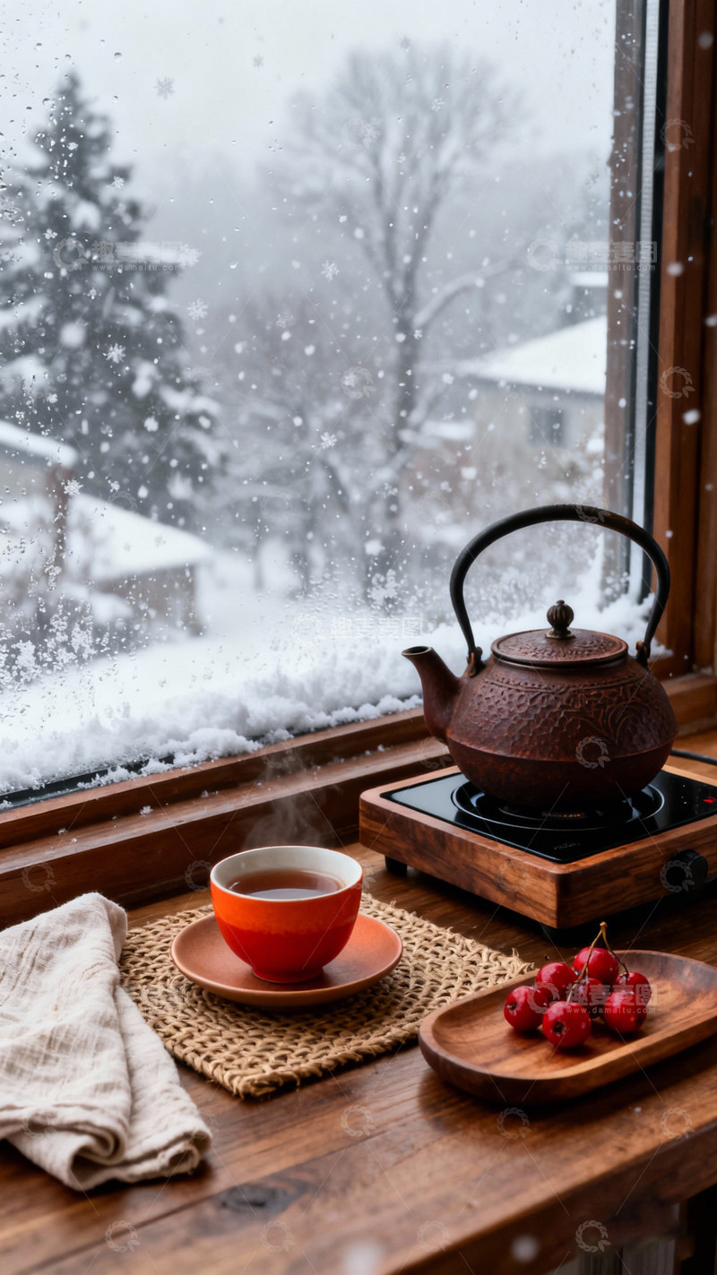 高清大图下载【趣麦麦图】雪景茶具温馨时光