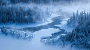 雪覆林谷溪淌雾冰间