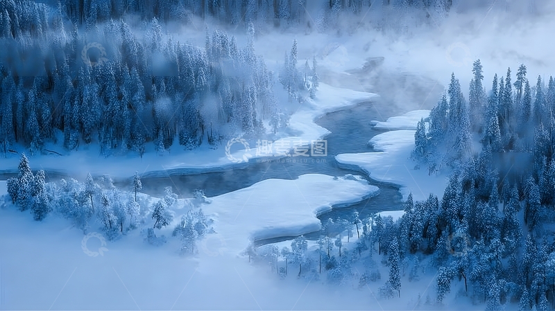 高清大图下载【趣麦麦图】雪覆林谷溪淌雾冰间