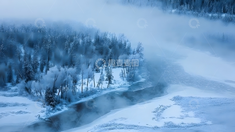 高清大图下载【趣麦麦图】雾裹雪林寒溪绕冰原