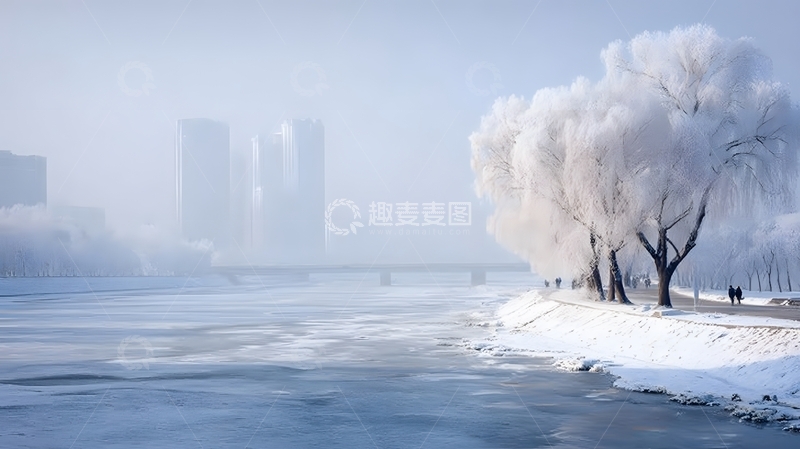 高清大图下载【趣麦麦图】雾凇裹岸树冰湖映城烟