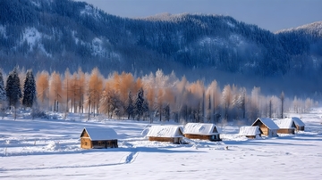 银雪裹村舍金林衬雪峦
