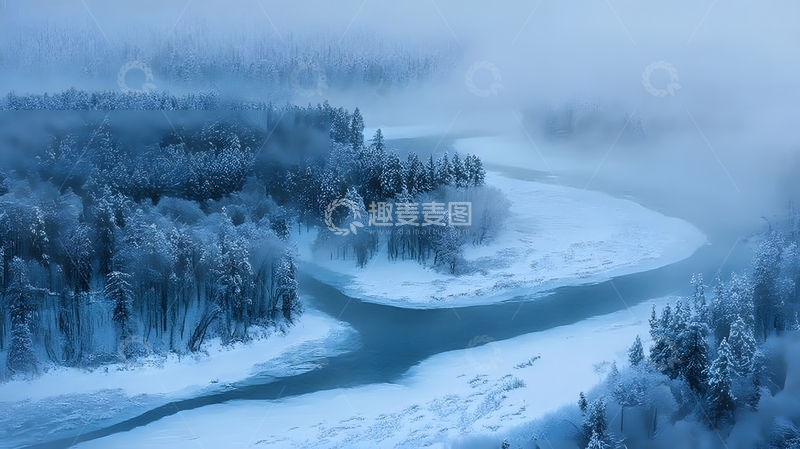 高清大图下载【趣麦麦图】雾漫雪林寒溪嵌冰原
