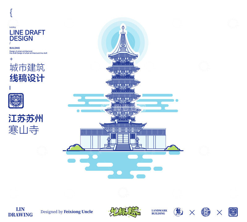 源文件下载【趣麦麦图】-苏州寒山寺城市地标矢量建筑线描海报
