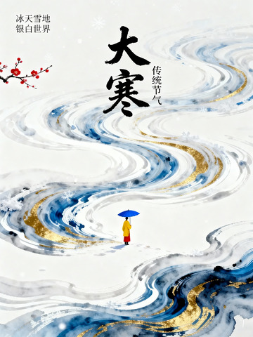水墨风大寒节气人物风景插画