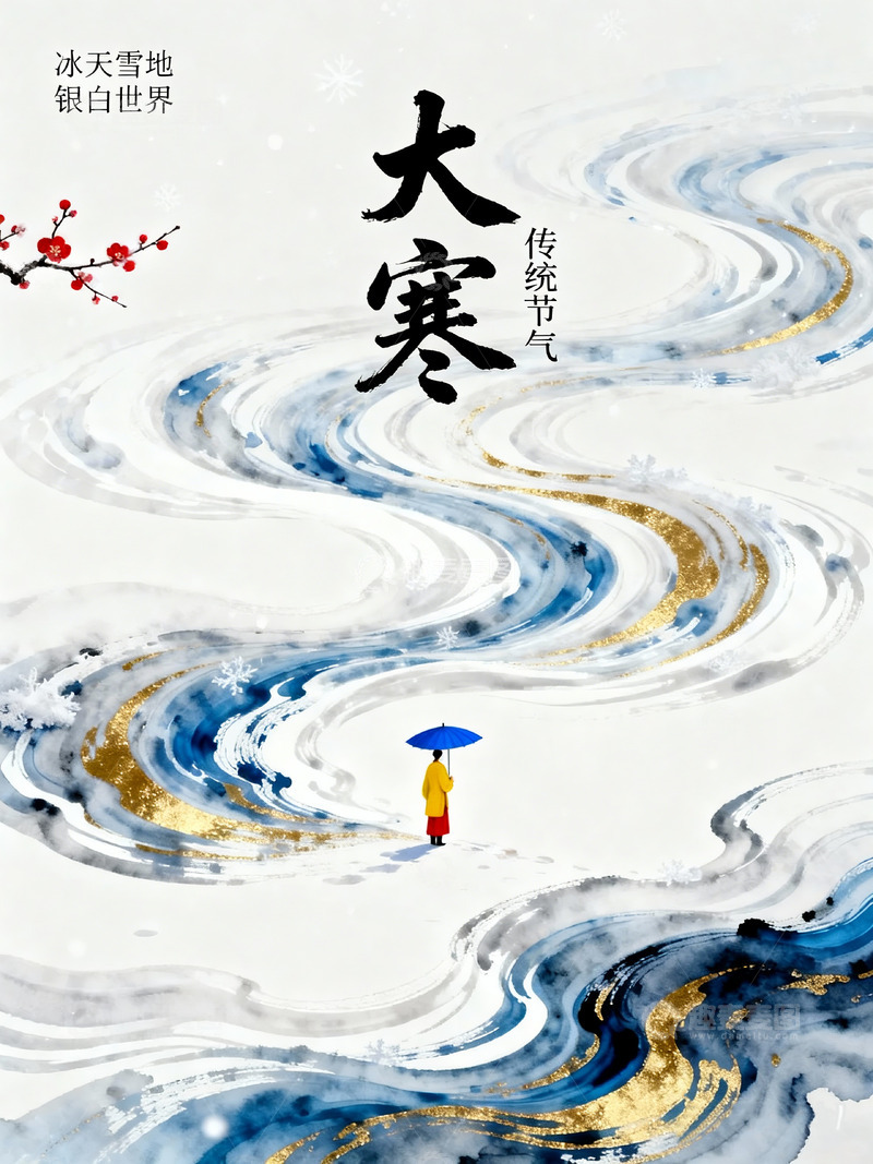 高清大图下载【趣麦麦图】水墨风大寒节气人物风景插画