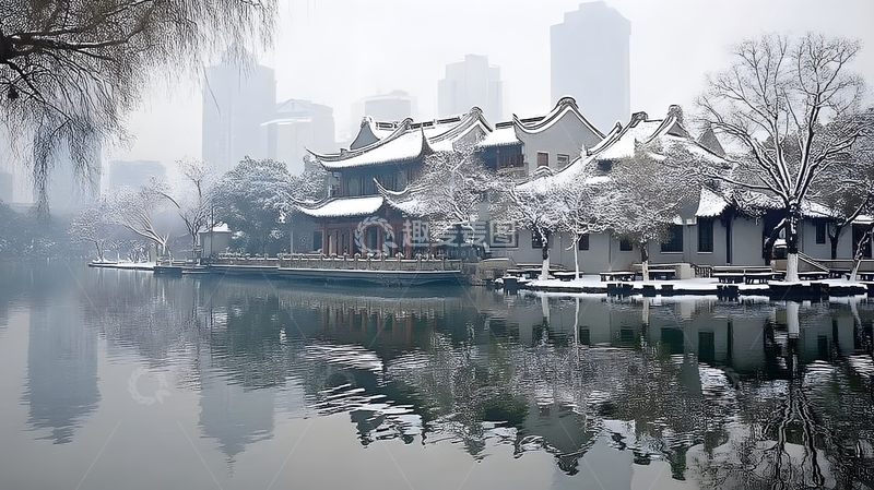 高清大图下载【趣麦麦图】雪景园林古建倒影风光