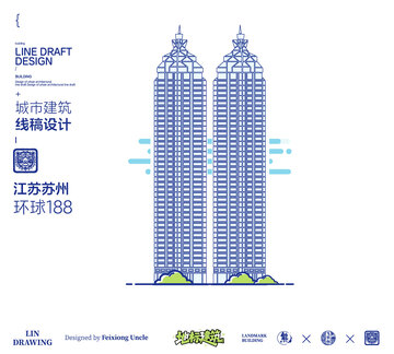 苏州环球188城市地标矢量建筑线描海报