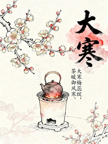 水墨风大寒节气煮茶图