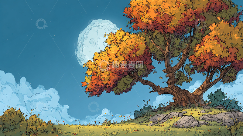 高清大图下载【趣麦麦图】月光下的秋日彩树
