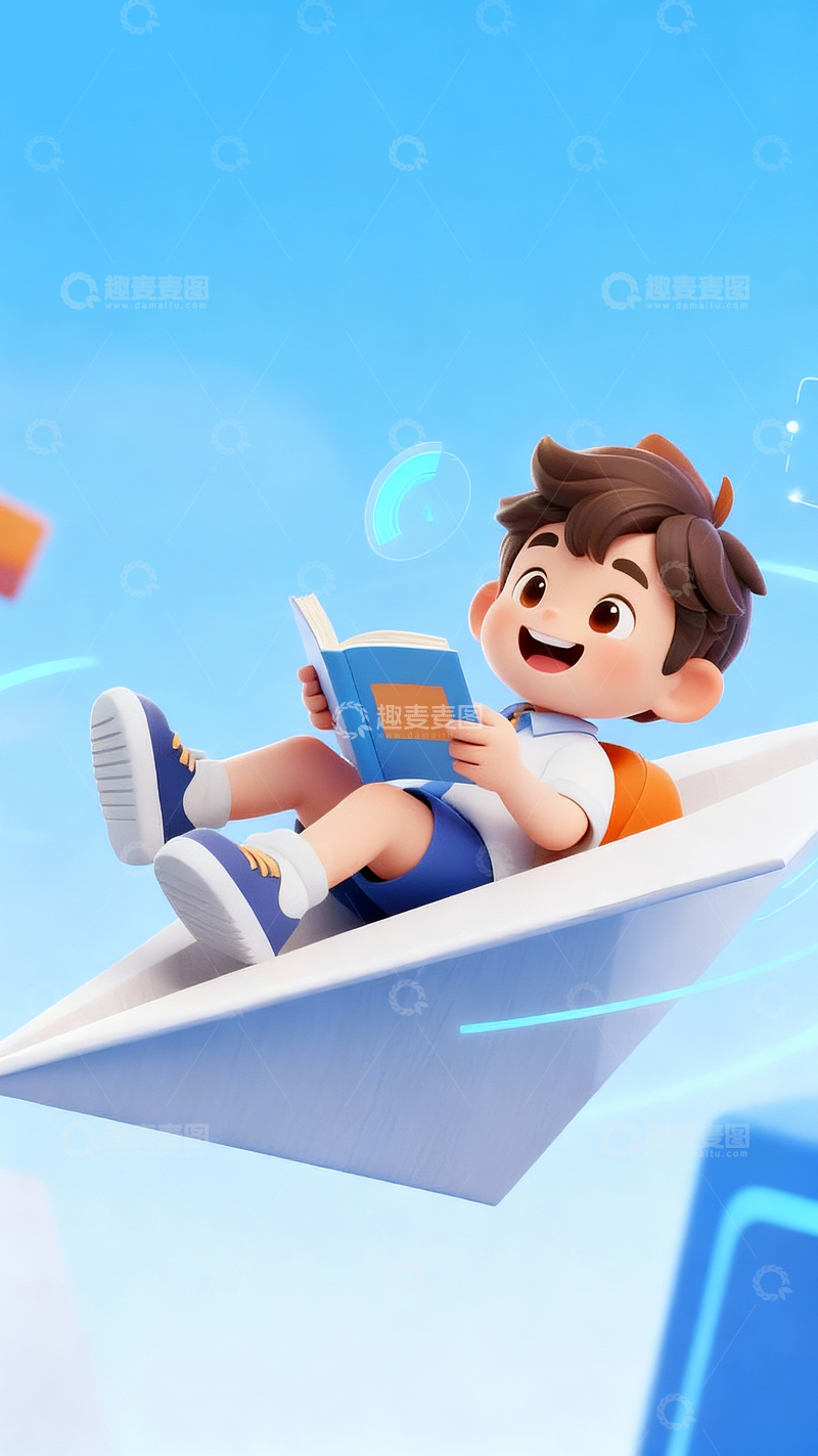 源文件下载【趣麦麦图】坐纸飞机的小男孩3