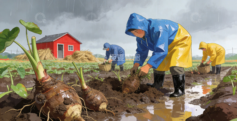 高清大图下载【趣麦麦图】雨中农忙劳作图芋头