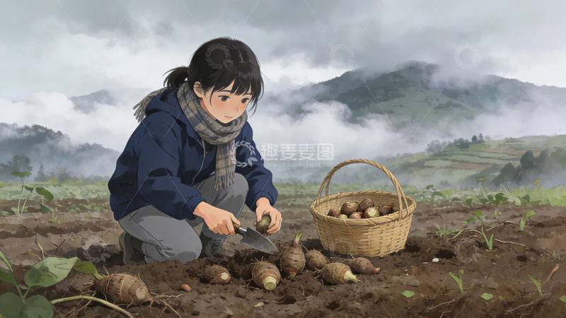 高清大图下载【趣麦麦图】芋头田园风女子挖菜篮插画素材