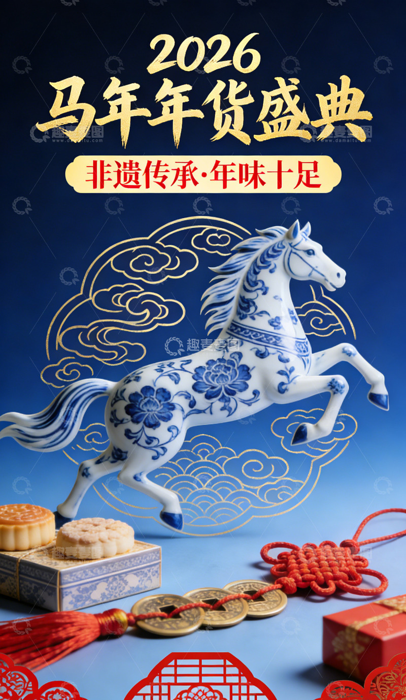 高清大图下载【趣麦麦图】2026春节青花瓷马年货盛典宣传海报