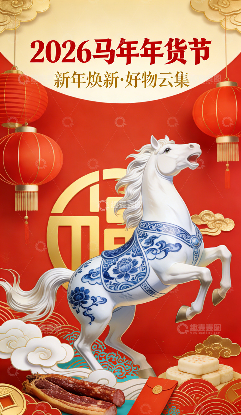 高清大图下载【趣麦麦图】2026马年年货节宣传海报