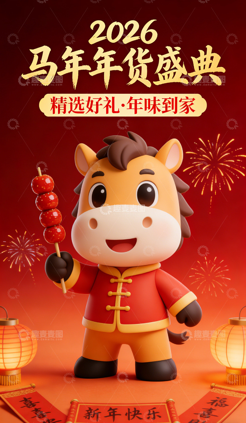 高清大图下载【趣麦麦图】马年喜庆年货宣传海报