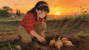 田园夕阳挖土豆少女插画芋头