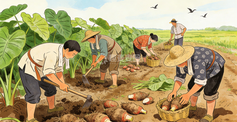高清大图下载【趣麦麦图】芋头田园风光农民劳作插画