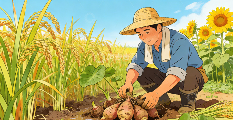 高清大图下载【趣麦麦图】田园芋头风光农民劳作插画
