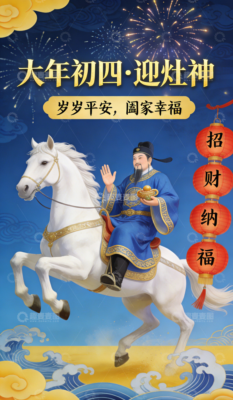 高清大图下载【趣麦麦图】传统中国风大年初四迎灶神海报