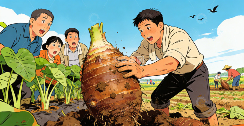 高清大图下载【趣麦麦图】田园风光农民拔大薯插画芋头