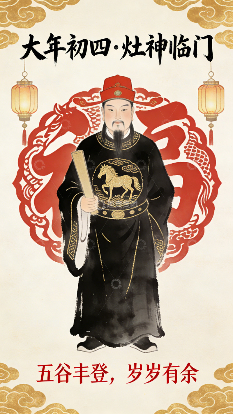 高清大图下载【趣麦麦图】传统中国风灶神年画