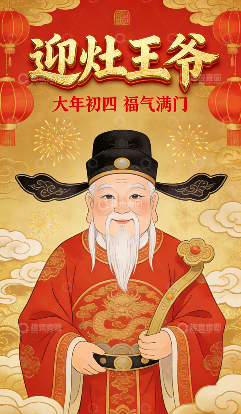 高清大图下载【趣麦麦图】喜庆中国风迎灶王爷海报设计