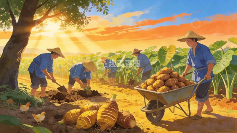 高清大图下载【趣麦麦图】田园风光农民劳作芋头插画