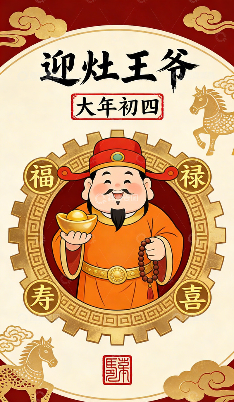 高清大图下载【趣麦麦图】传统中国风迎灶王爷海报