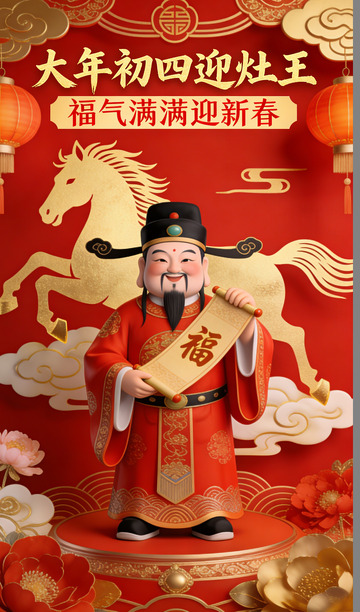 新春民俗灶王雕像祝福图片