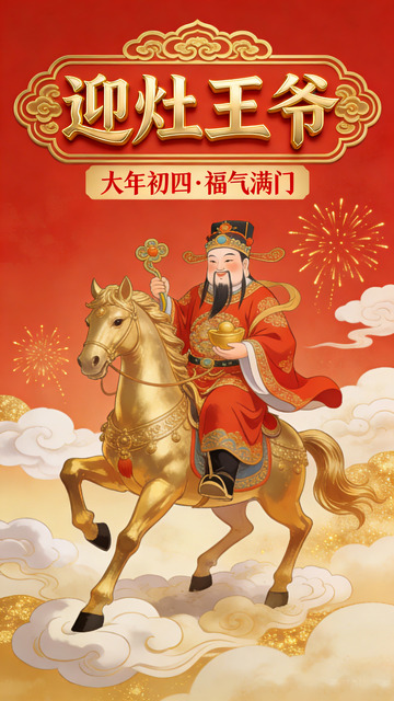传统中国风财神骑金马海报