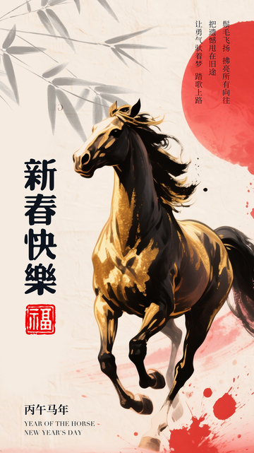 骏马迎春水墨画设计素材