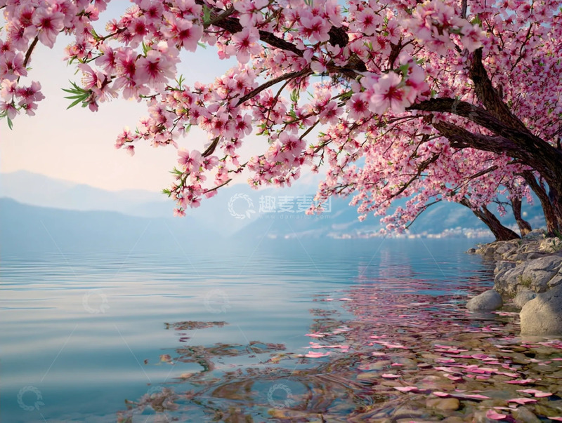 高清大图下载【趣麦麦图】湖光伴粉桃的春日景