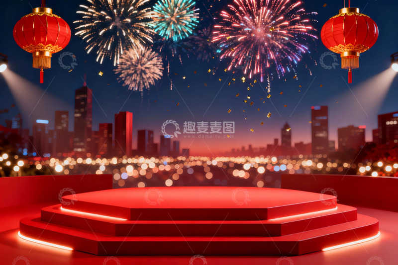 高清大图下载【趣麦麦图】-喜庆新年舞台夜景烟花背景