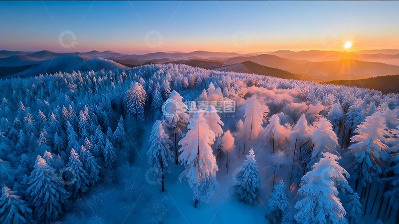高清大图下载【趣麦麦图】雪景山林日出航拍
