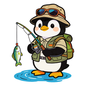 卡通企鹅钓鱼插画
