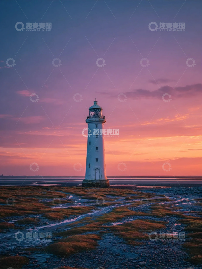 高清大图下载【趣麦麦图】暮色中的海边灯塔