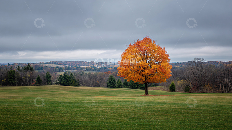 高清大图下载【趣麦麦图】秋季孤树绚丽夺目