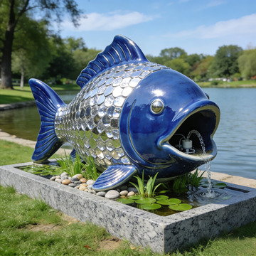 湖边蓝鱼喷泉雕塑