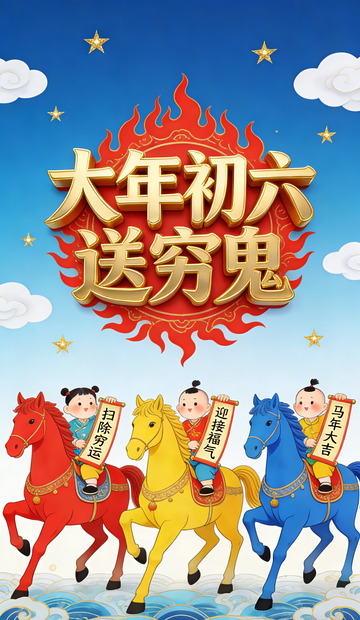 大年初六送穷神卡通骑马海报