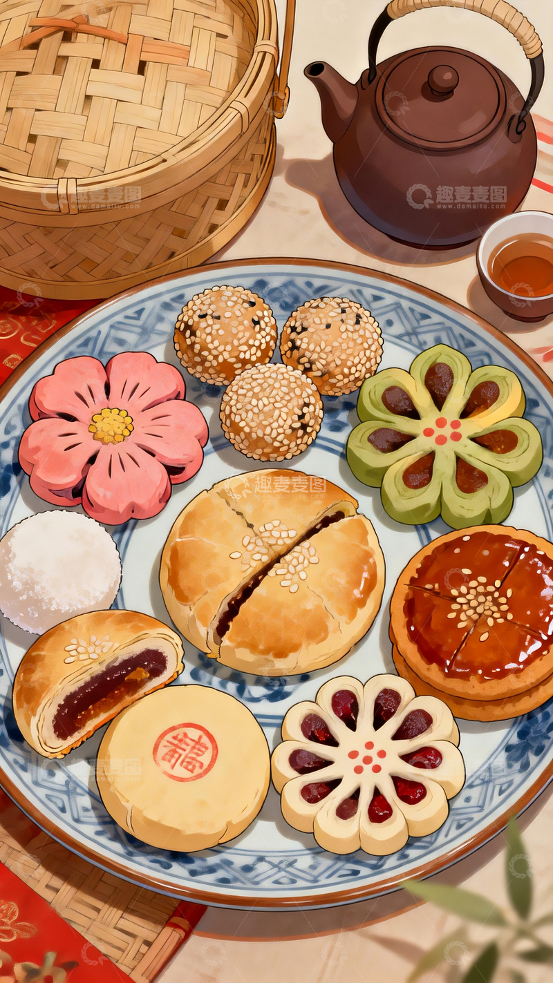 源文件下载【趣麦麦图】一份中式传统点心拼盘1