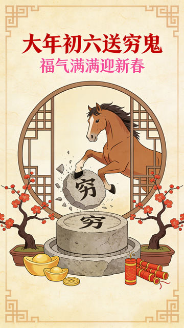 传统中国风大年初六送穷神