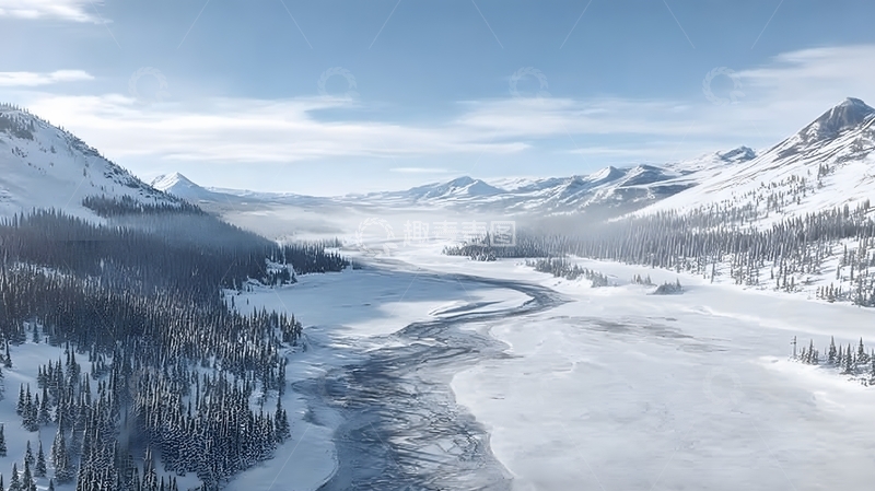 高清大图下载【趣麦麦图】雪山河流冬日全景航拍
