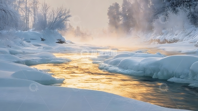高清大图下载【趣麦麦图】冰雪河流晨光美景摄影图片