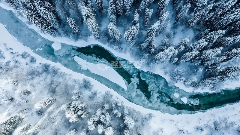 高清大图下载【趣麦麦图】冰雪河流航拍景观