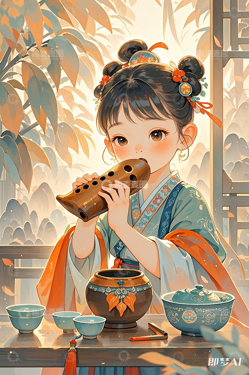高清大图下载【趣麦麦图】古风少女吹陶笛茶具图