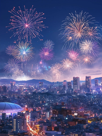 浪漫烟花伴城市夜景