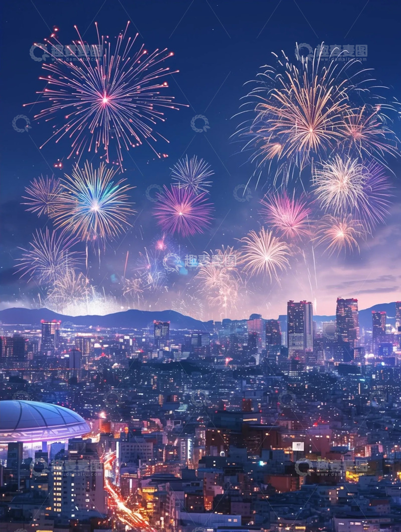 高清大图下载【趣麦麦图】-浪漫烟花伴城市夜景
