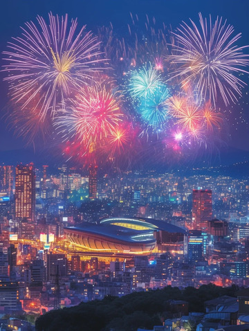 节日烟花下的城市盛景